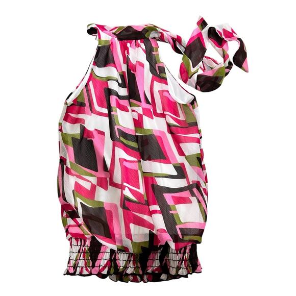 Heart Soul Sleeveless Blouse Sz Small Colorful Smocked Waist Neck Tie Top Lined - Picture 7 of 7